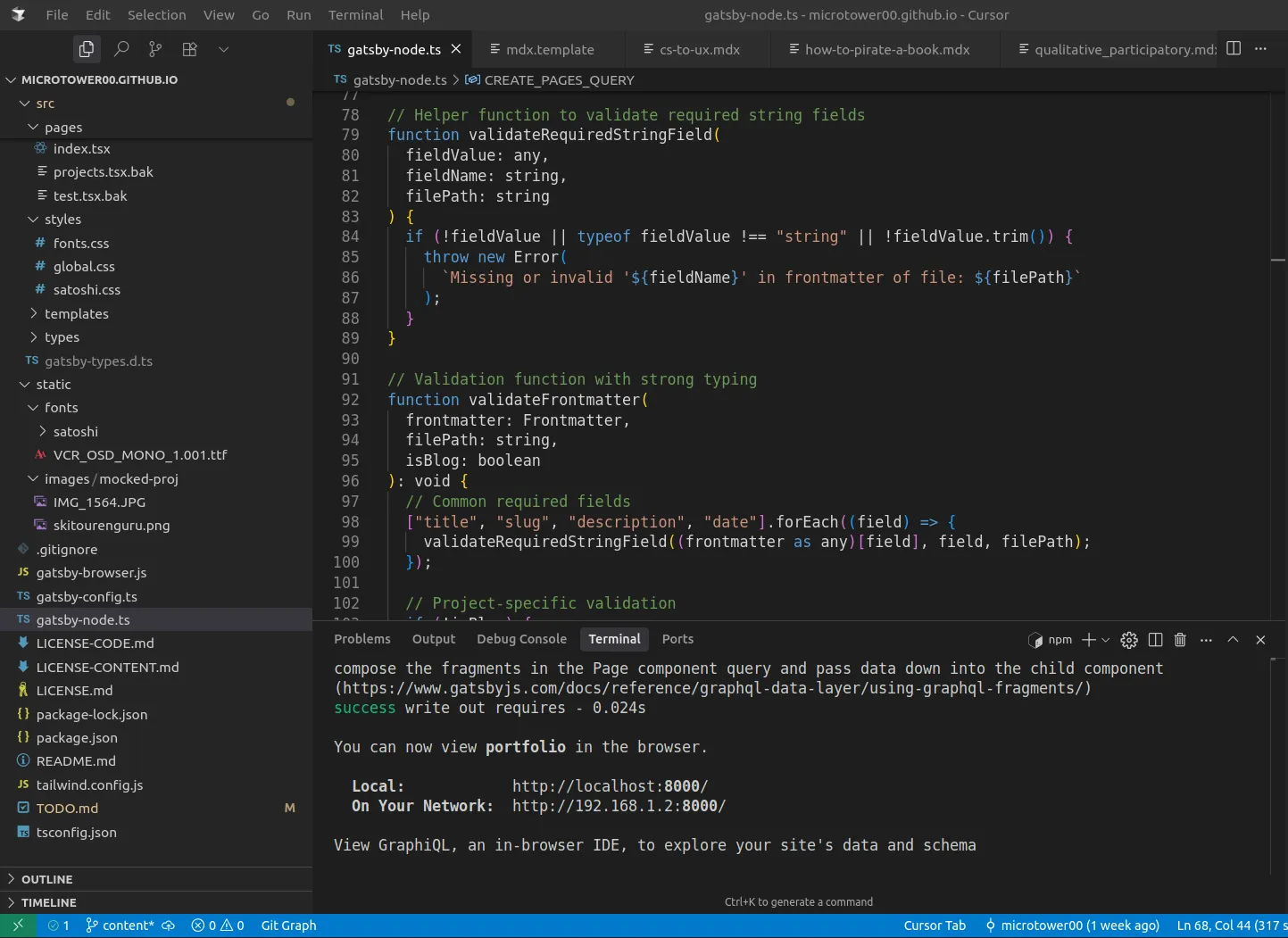 Code editor showcasing the development of the portfolio website